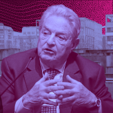 Collage of a background of a Holocaust memorial, with cut outs of Benajmin Netanyahu and George Soros in the foreground