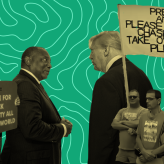 A collage of white protestors holding up a banner asking Trump and Elon Musk or help in South Africa, and Donald Trump speaking to a man in a suit and a woman holding a sign for Black Lives Matter.