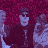 A collage of a protest against AfD, Elon Musk, A QAnon flag and Alice Weidel