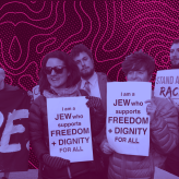 a collage of protesters against the occupation of Palestine, and protestors for racial justice.