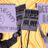 Collage of protestors holding signs protesting ICE in front of a yellow background