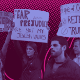 Collage of protestors at anti-racist protests and a JFREJ action. 