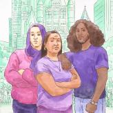 a watercolor painting of three people standing in front of a church and high rise in boston