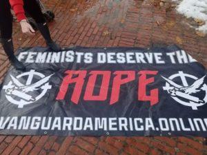 Vanguard America banner removed from State House lawn by Women’s March 2.0 participants in Providence, RI