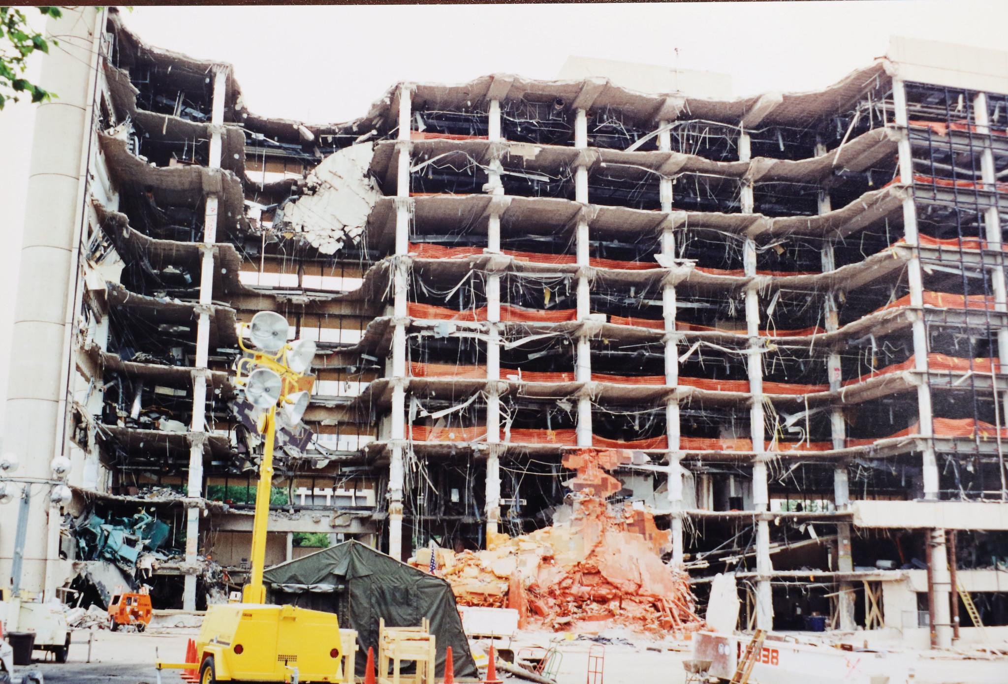 Alfred P. Murrah Federal Building after bombing, 1995.