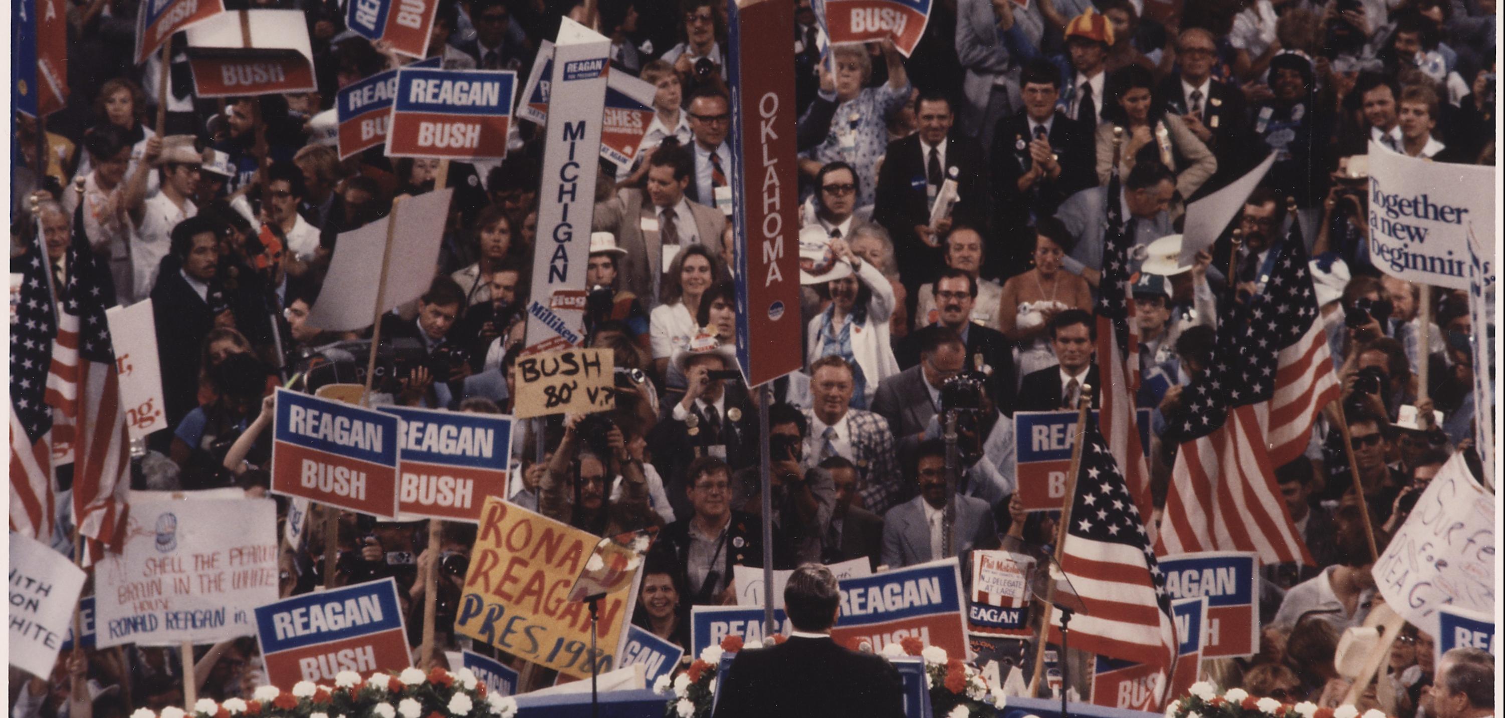 Ronald Reagan gives his acceptance speech at the Republican National Convention, July 1980. 
