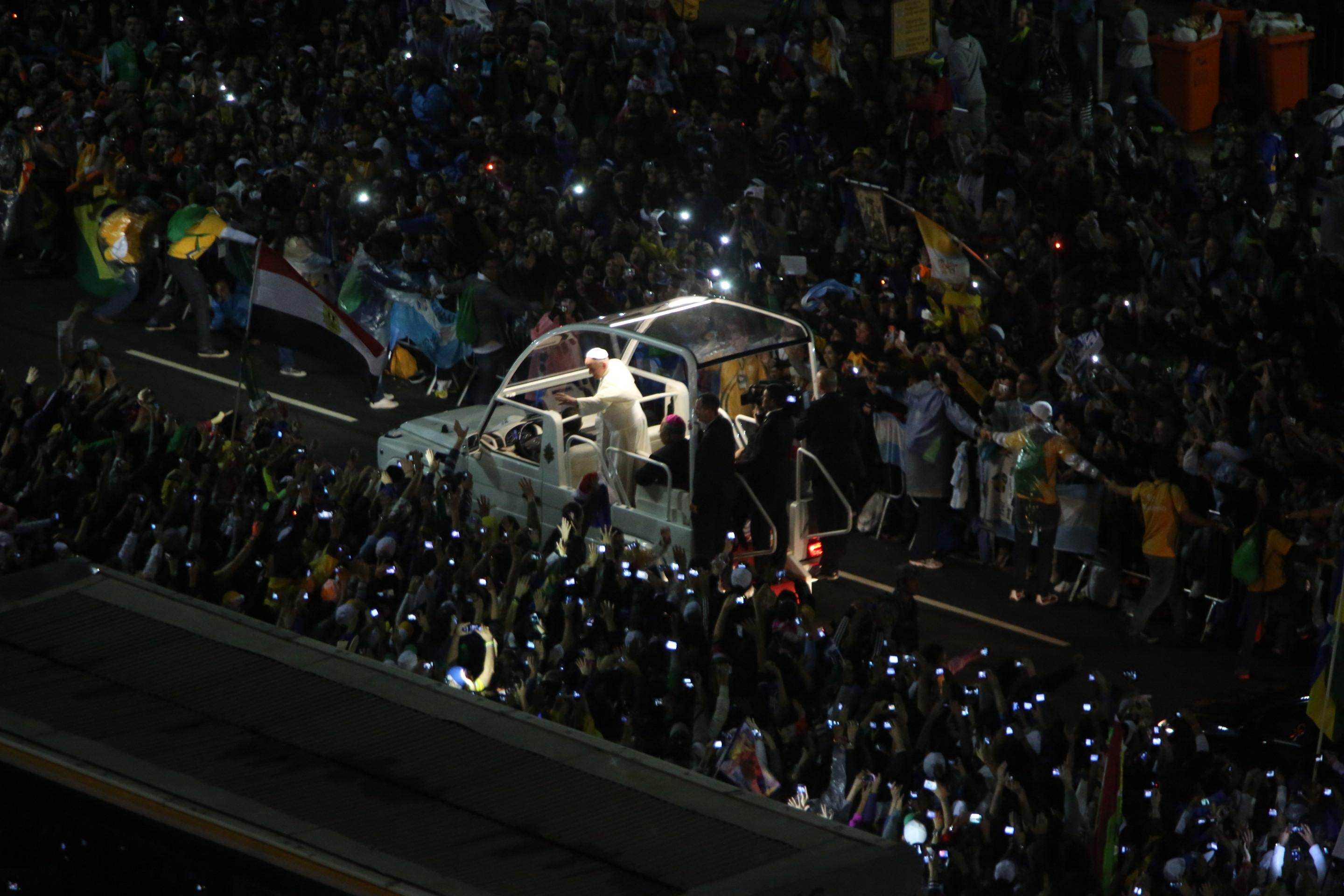 Pope Francis arrives at Copacabana beach for a welcoming ceremony for World Youth Day 2013 in Rio de Janeiro, Brazil.