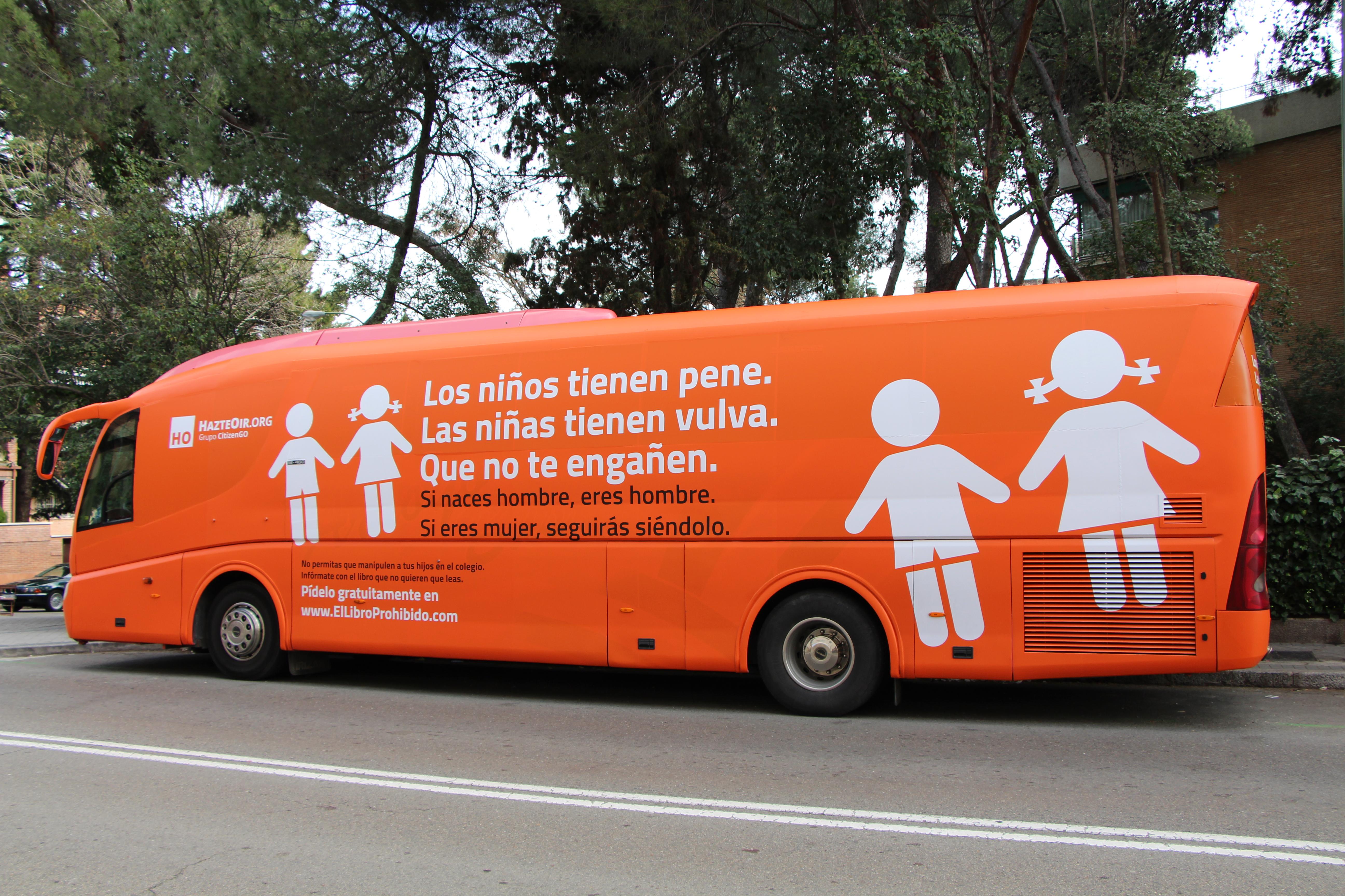 An orange HazteOir/CitizenGO bus in Spain