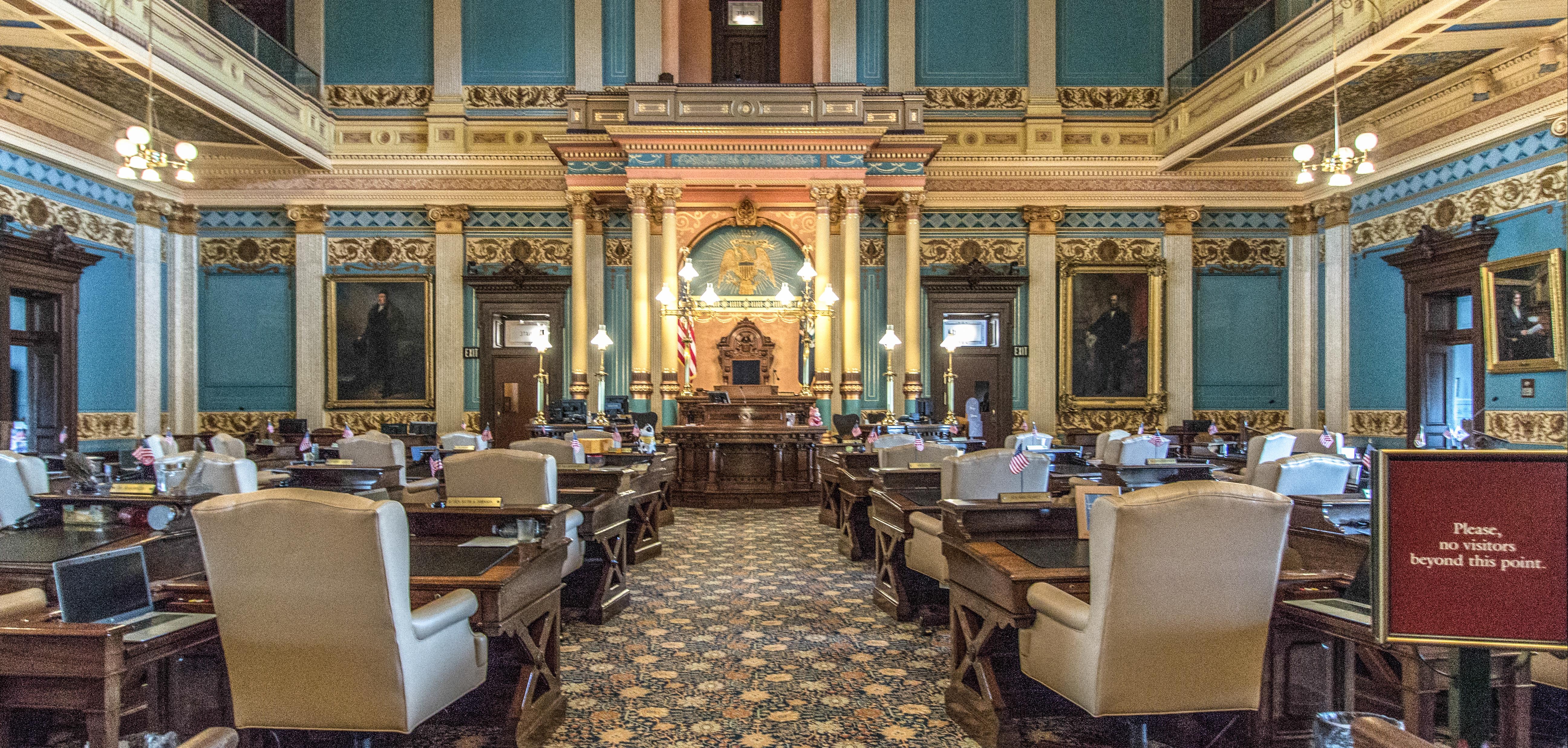 Ornate interior of the Senate Chambers for the state of Michigan lawmakers at the capitol building in downtown Lansing.