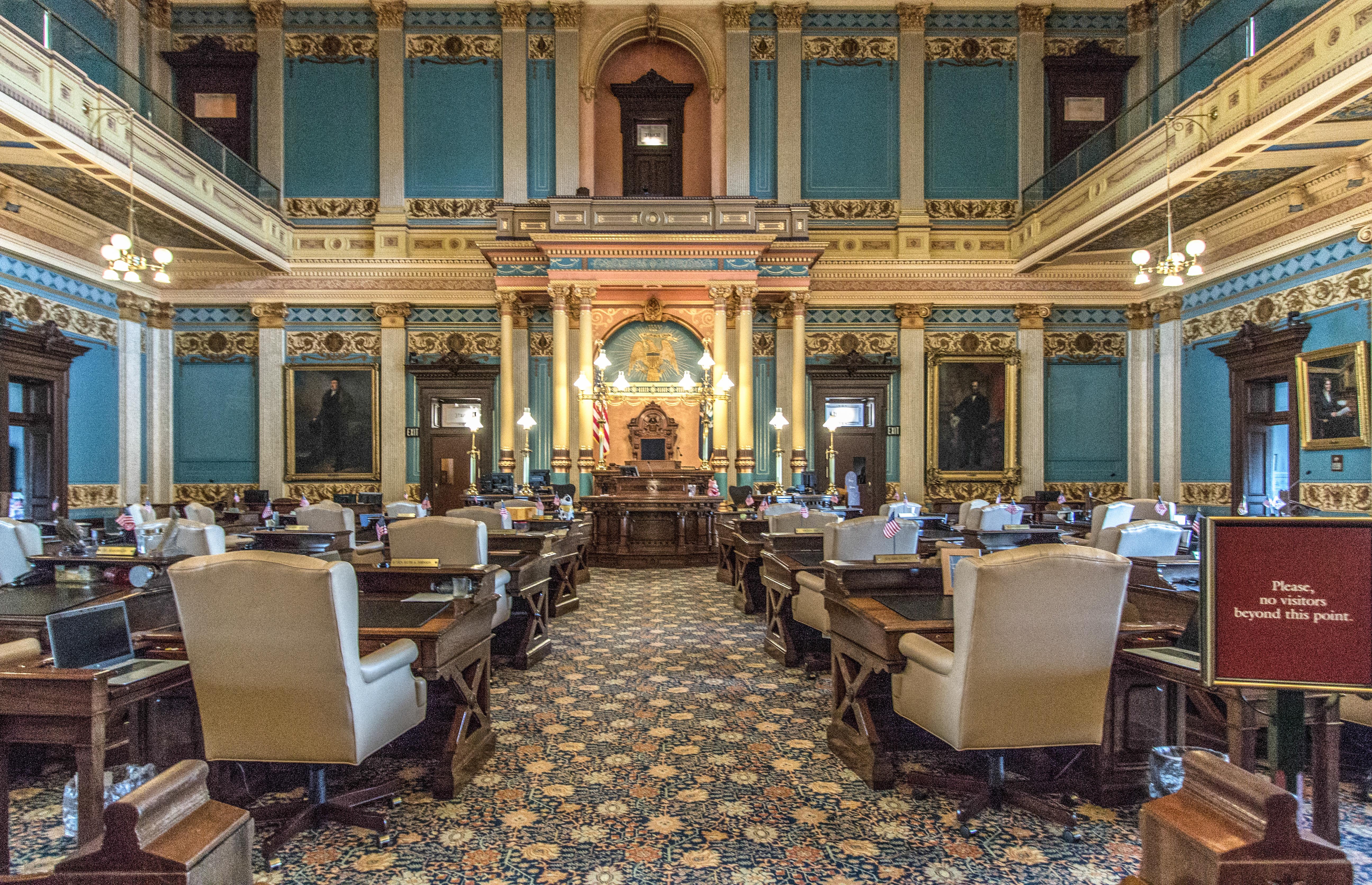 Ornate interior of the Senate Chambers for the state of Michigan lawmakers at the capitol building in downtown Lansing.