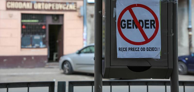 "Stop Gender Ideology" sign on bus stop in Polish