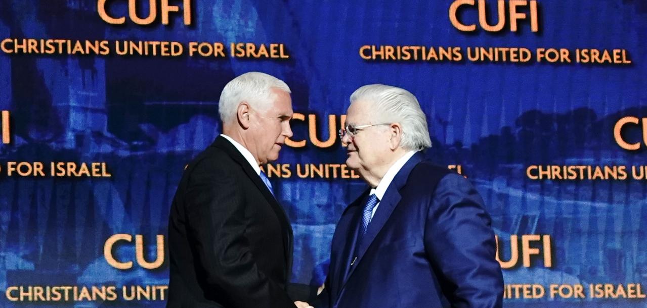 Vice President Mike Pence shakes John Hagee's hand and delivers remarks at the Christians United for Israel Washington Summit in Washington, D.C. Monday, July 8, 2019. (Official White House Photo/Flickr)