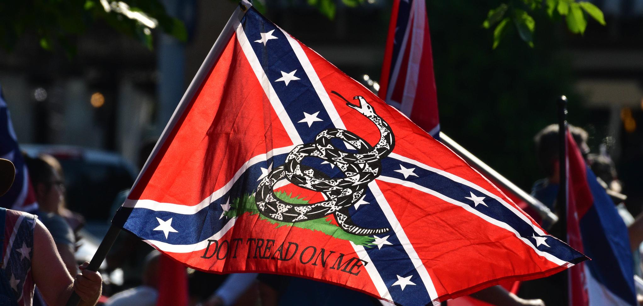 A confederate flag with a "don't tread on me" symbol on it.