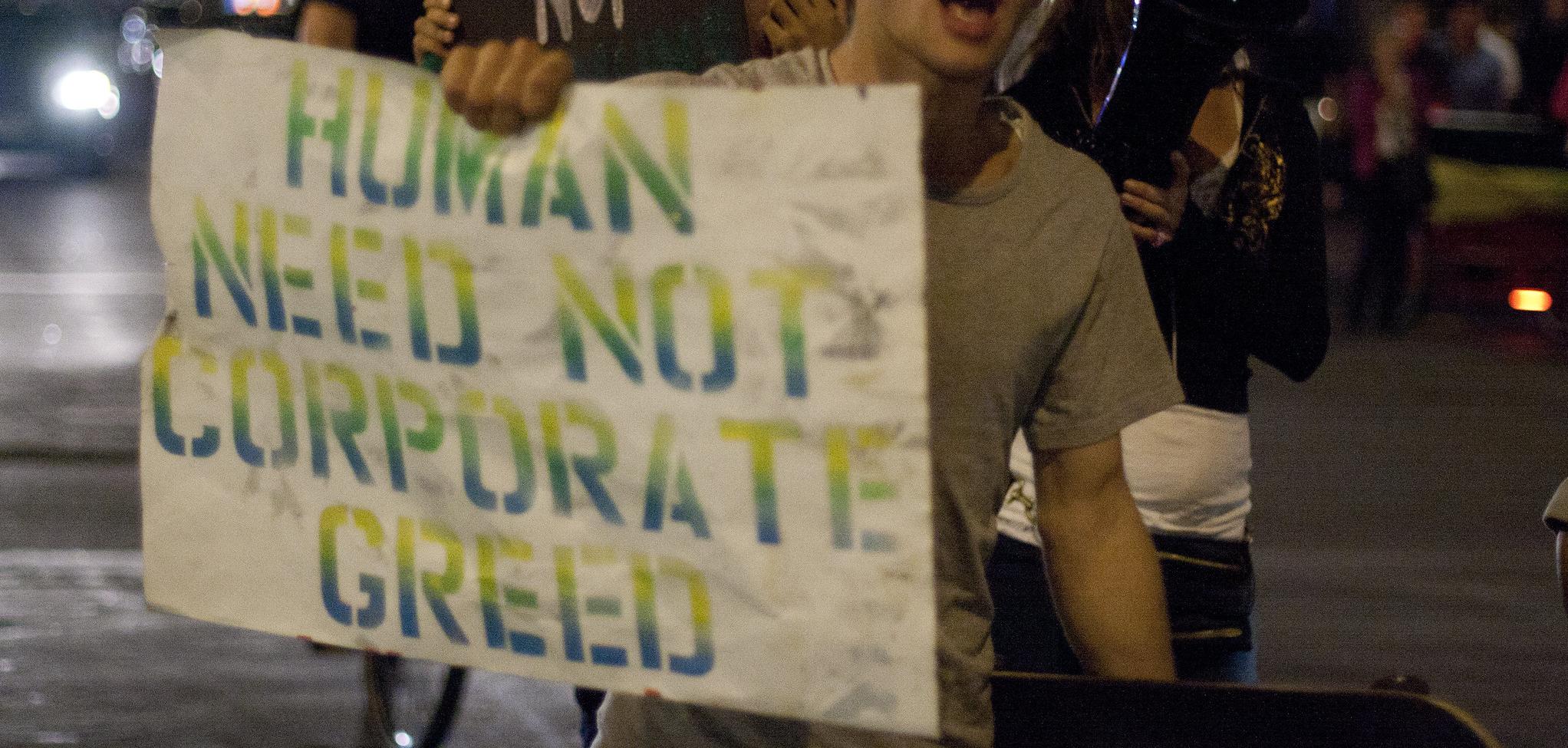A person carrying a sign that reads "Human need not corporate greed"