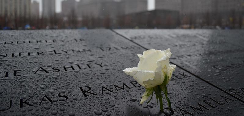 A white rose placed on the 9/11 memorial