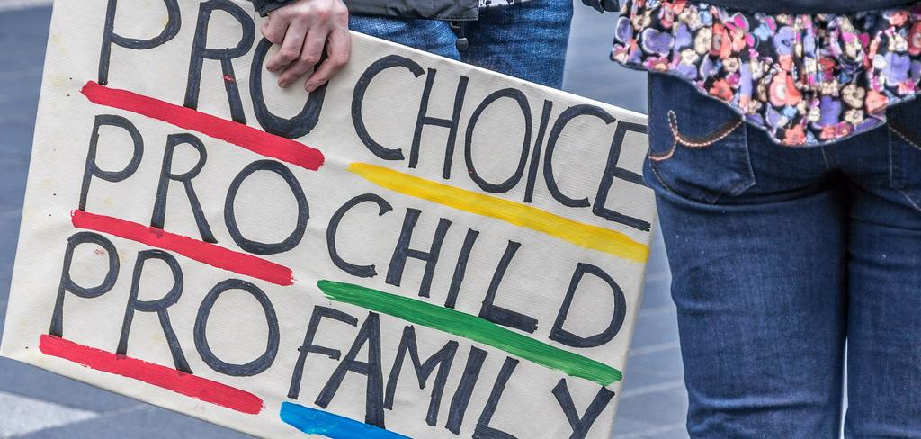 A banner at a protest that says "Pro Choice, Pro Child, Pro Family"