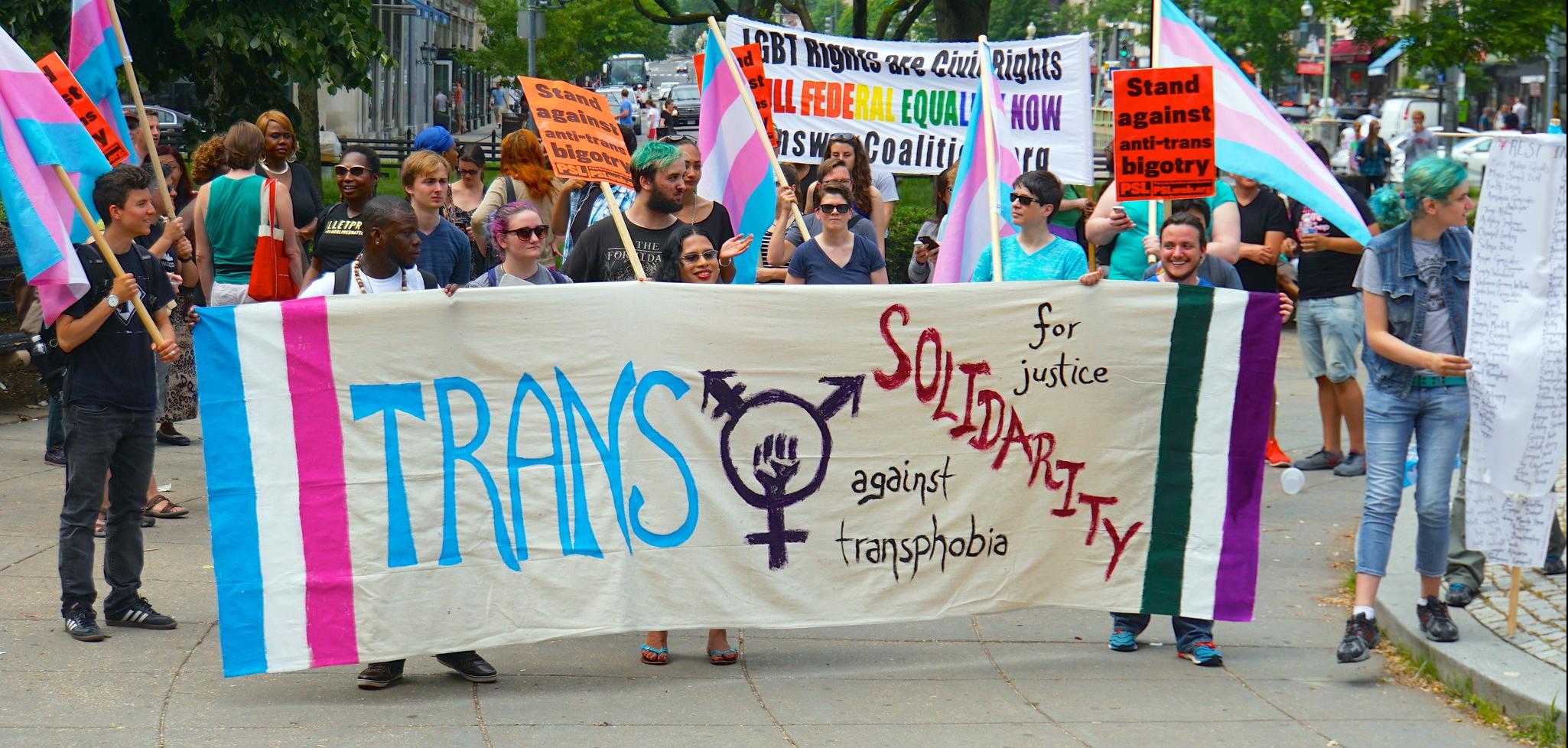 Protesters holding a banner that says Trans Solidarity against transphobia.