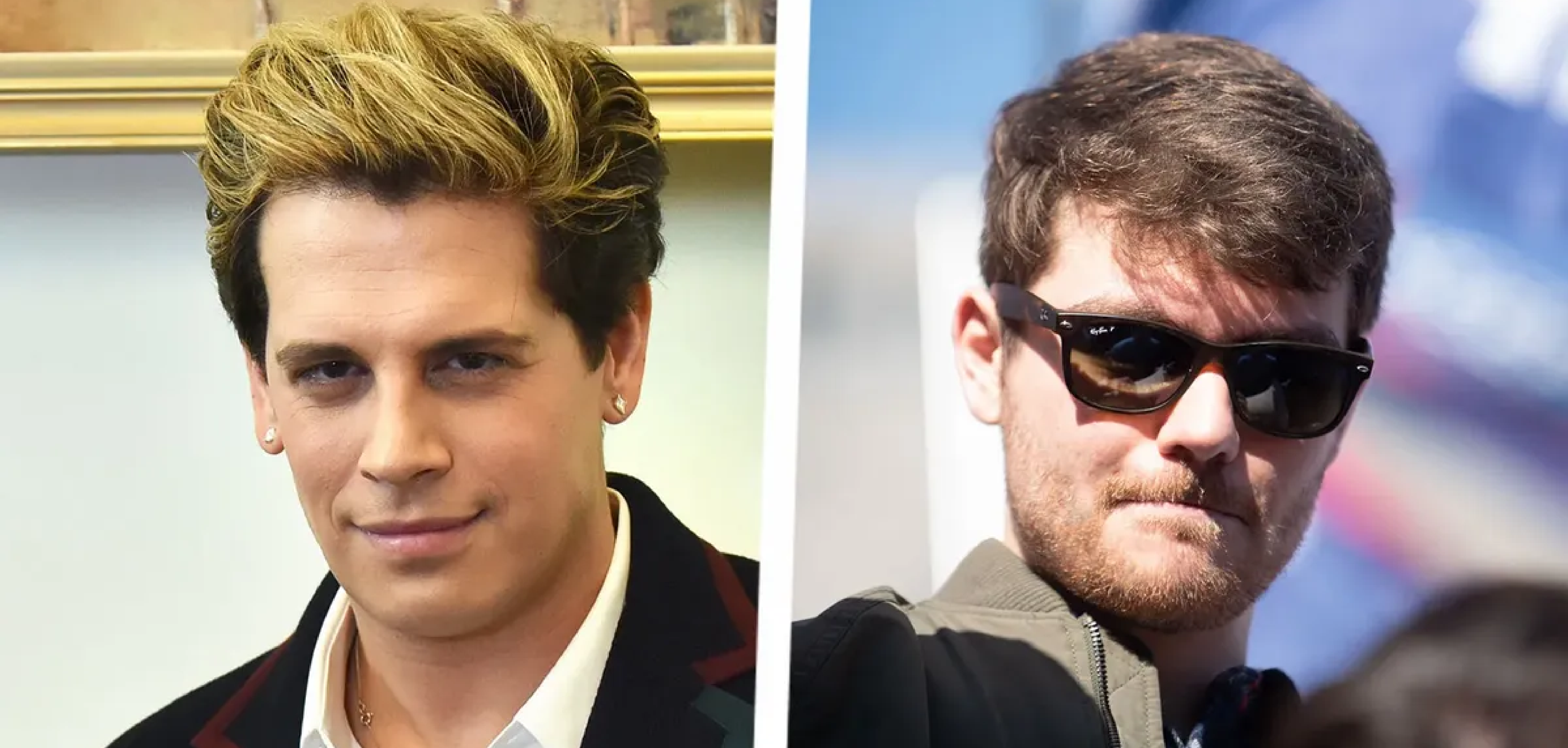 A split image of Milo Yiannopoulos and Nick Fuentes
