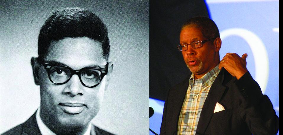 A black and white photo of a Black man in glasses, and a black man in a suit.