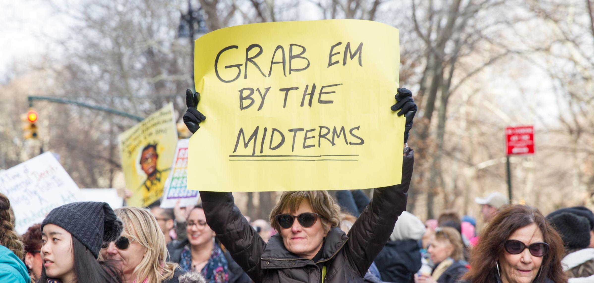 A White woman in a black coat holding a banner saying "Grab em by the midterms"