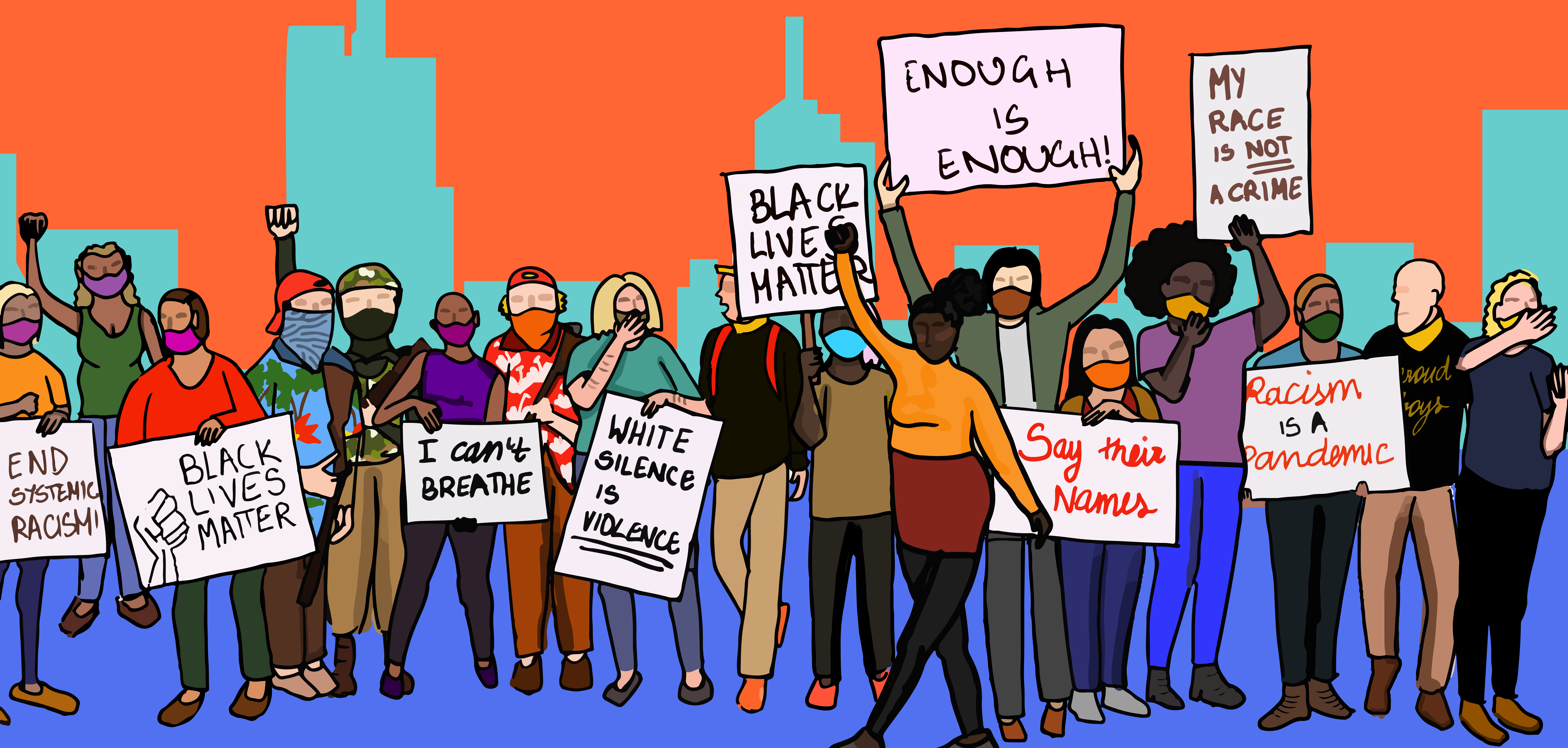 A group of protesters illustrated.