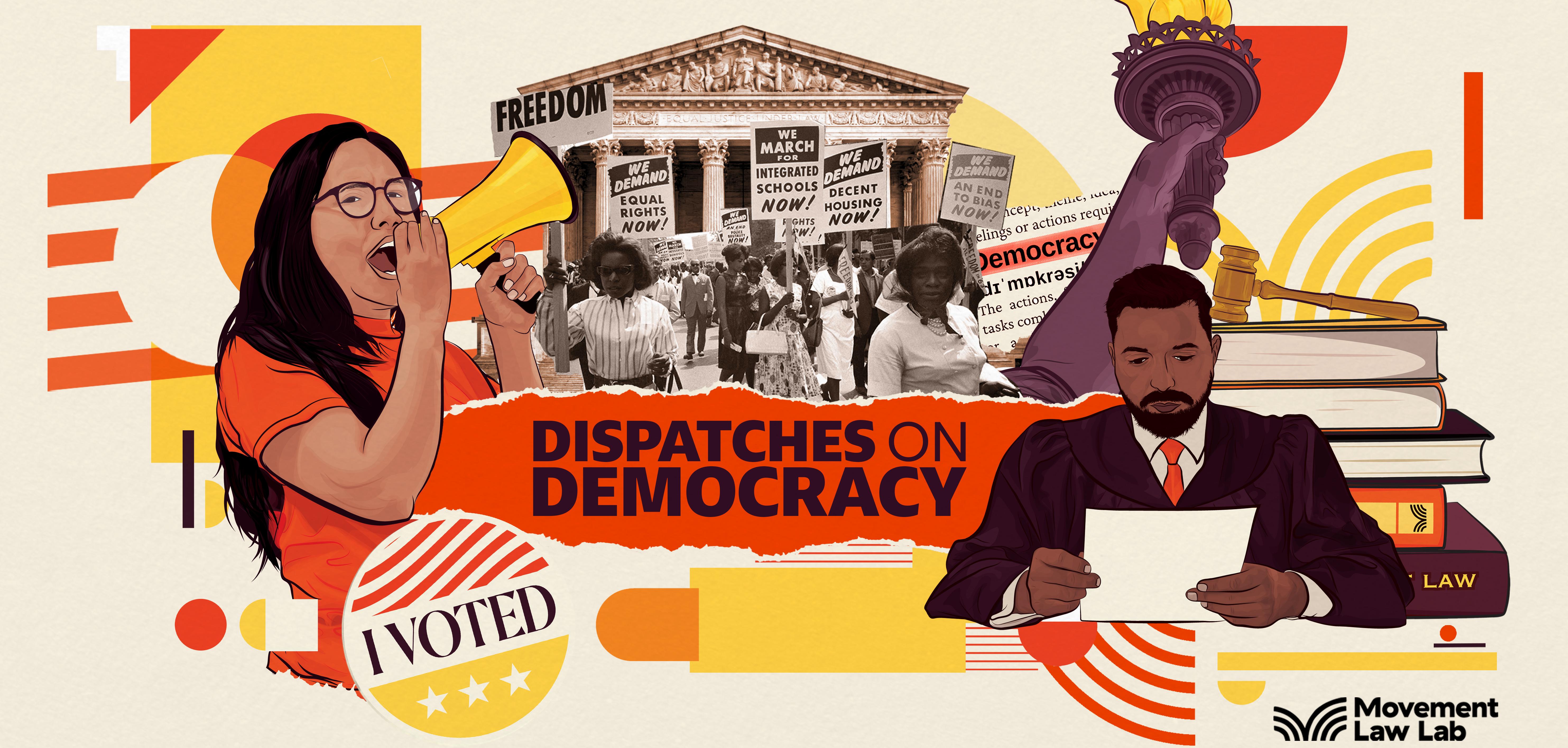 A collage of a woman speaking into a microphone, a man reading a document, a photo of a civil rights protest