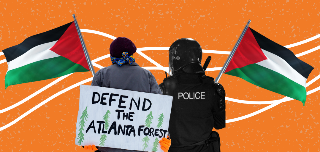 a person holding a sign that says "Defend the Atlanta Forest", a policeman and two Palestinian flags