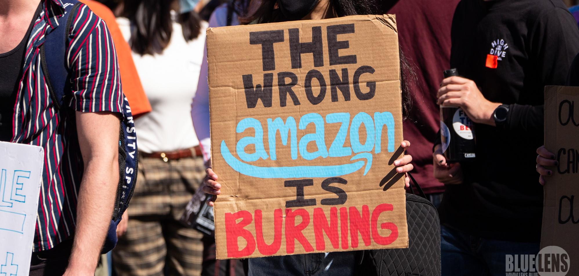 A person wearing a mask holding a sign saying "The wrong Amazon is burning"