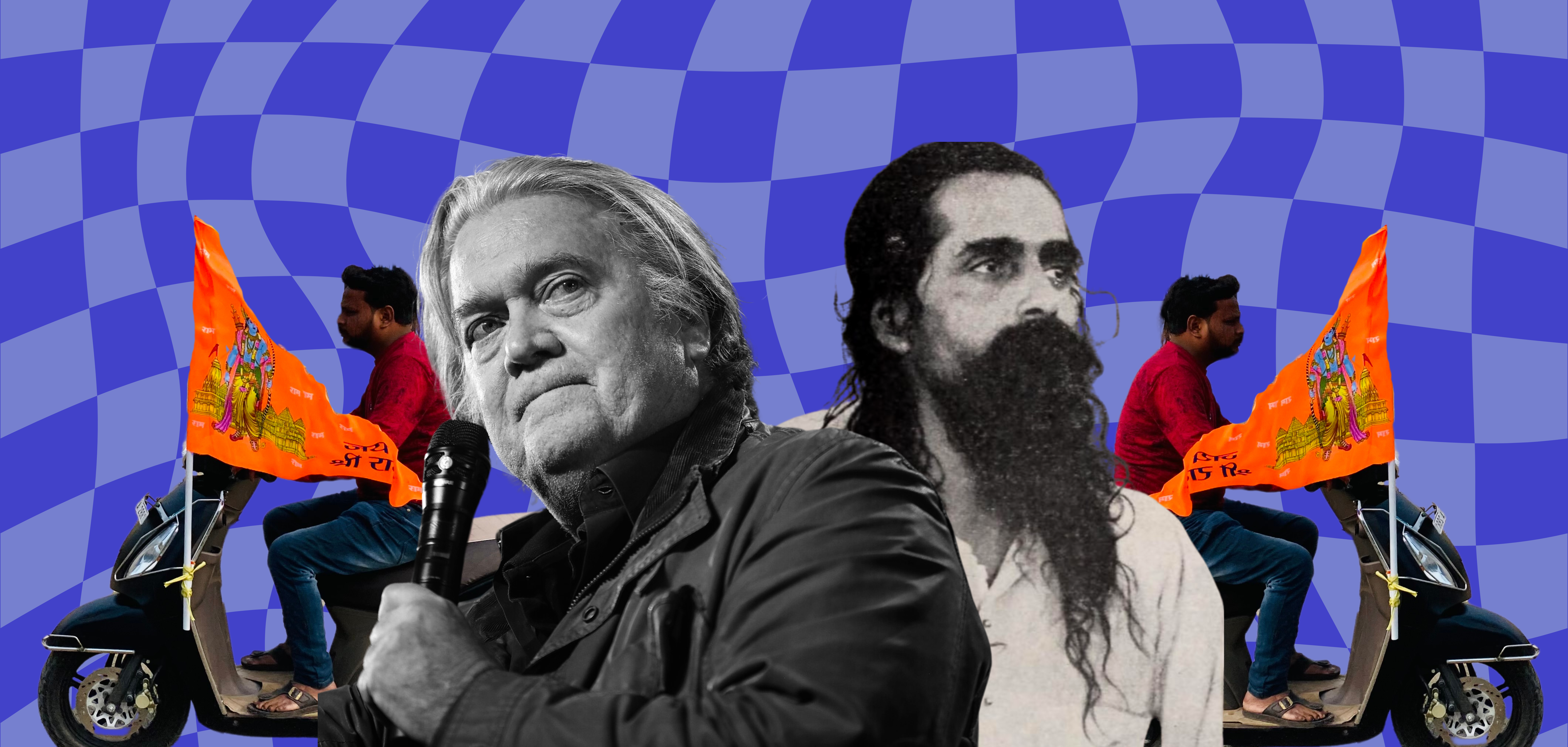 Collage of a man on a scooter with a flag, and two men in profile, in front of a blue checkered background.