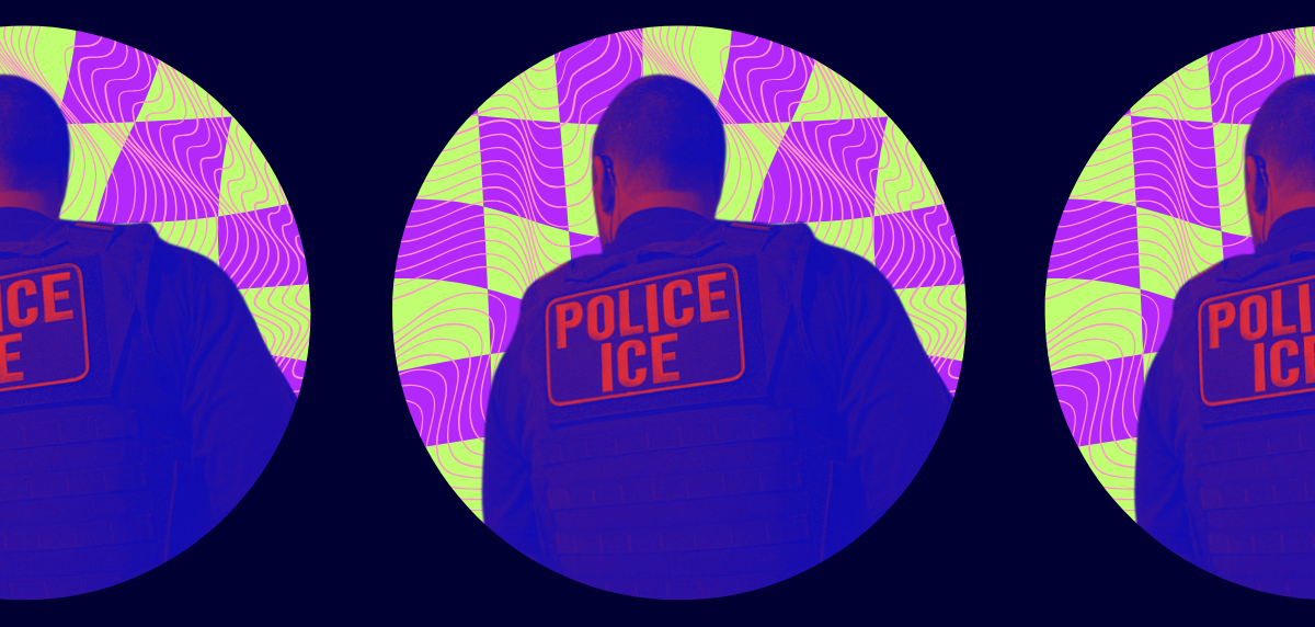 A person's back wearing a vest that says "Police ICE"
