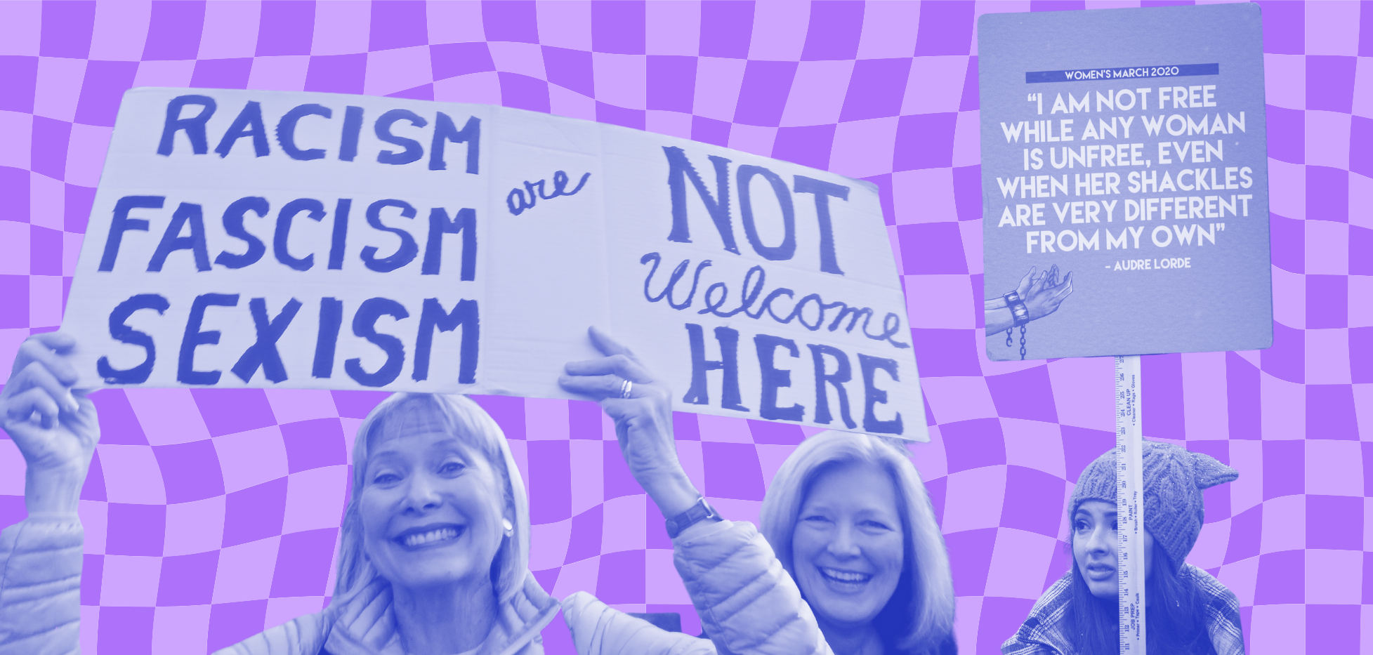 A purple checkered background with protestors holding signs in favor of women's rights