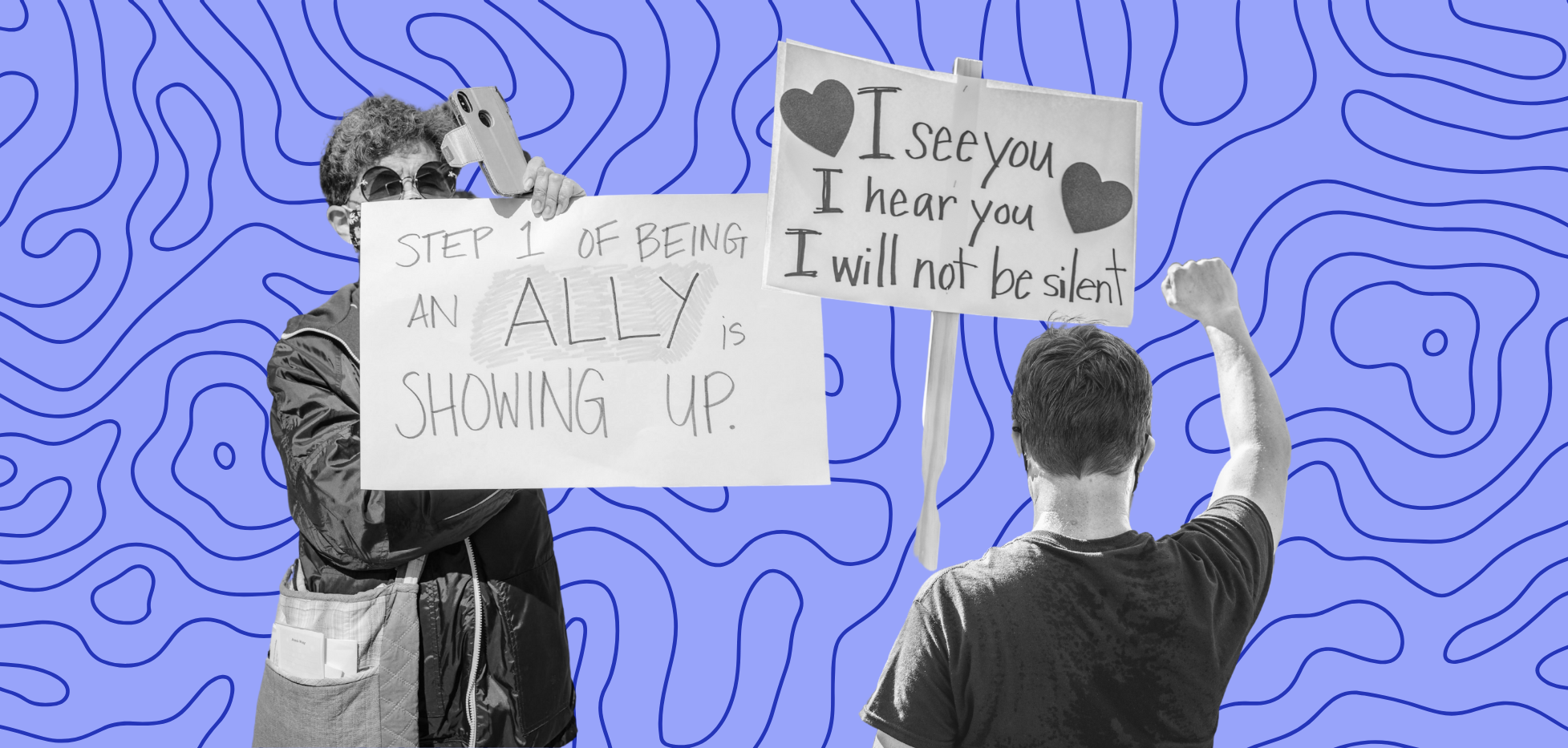 a purple and blue background with two protestors holding signs of solidarity