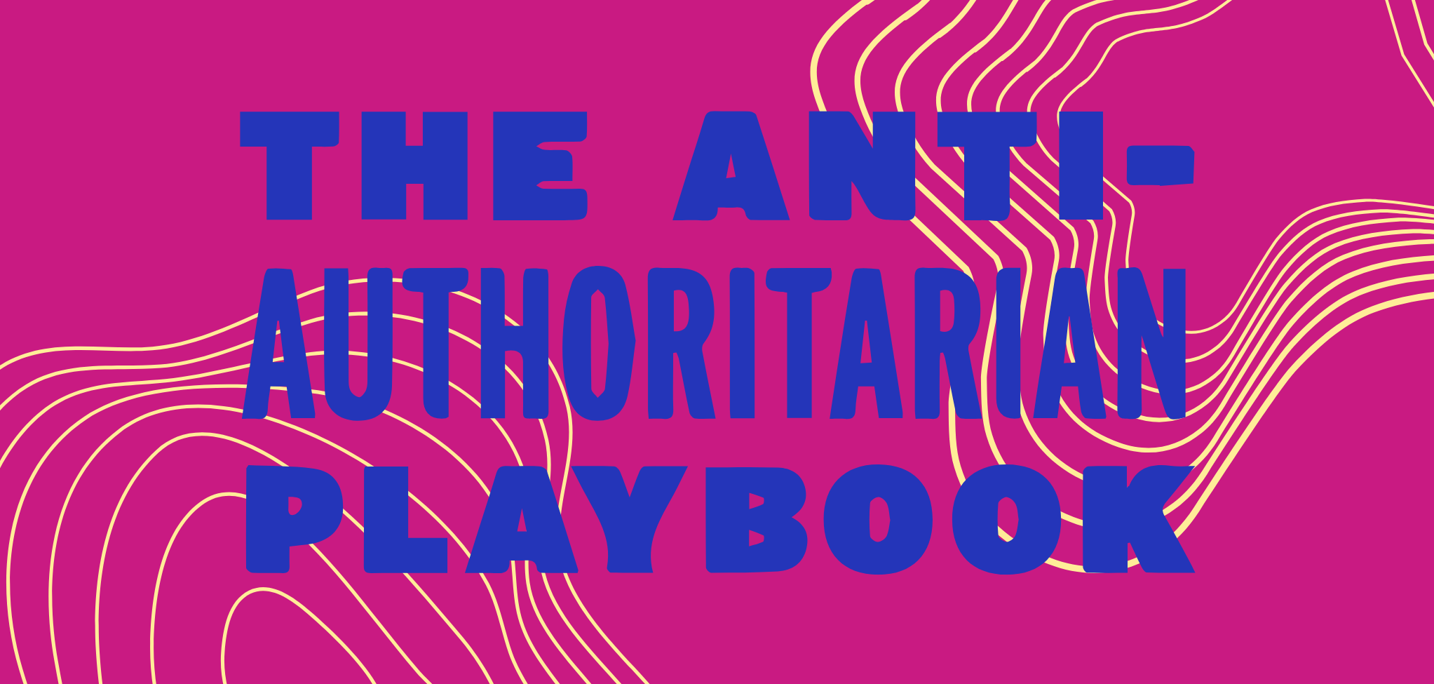 A pink background with yellow lines, and the words "The Anti-Authoritarian Playbook" in blue.