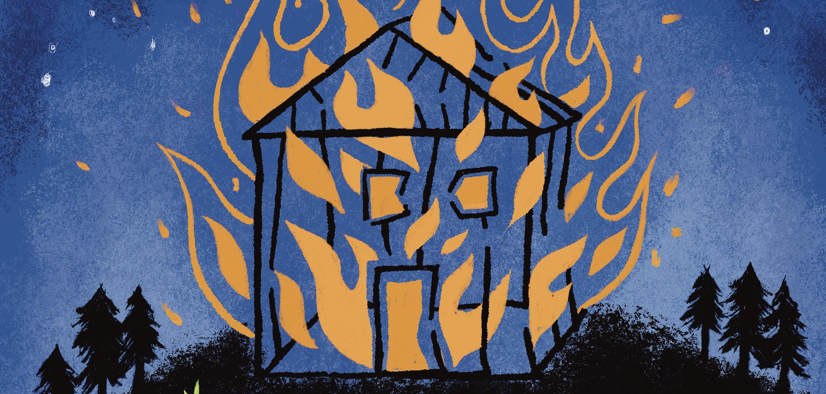 illustration of a house on fire, with seeds at the bottom