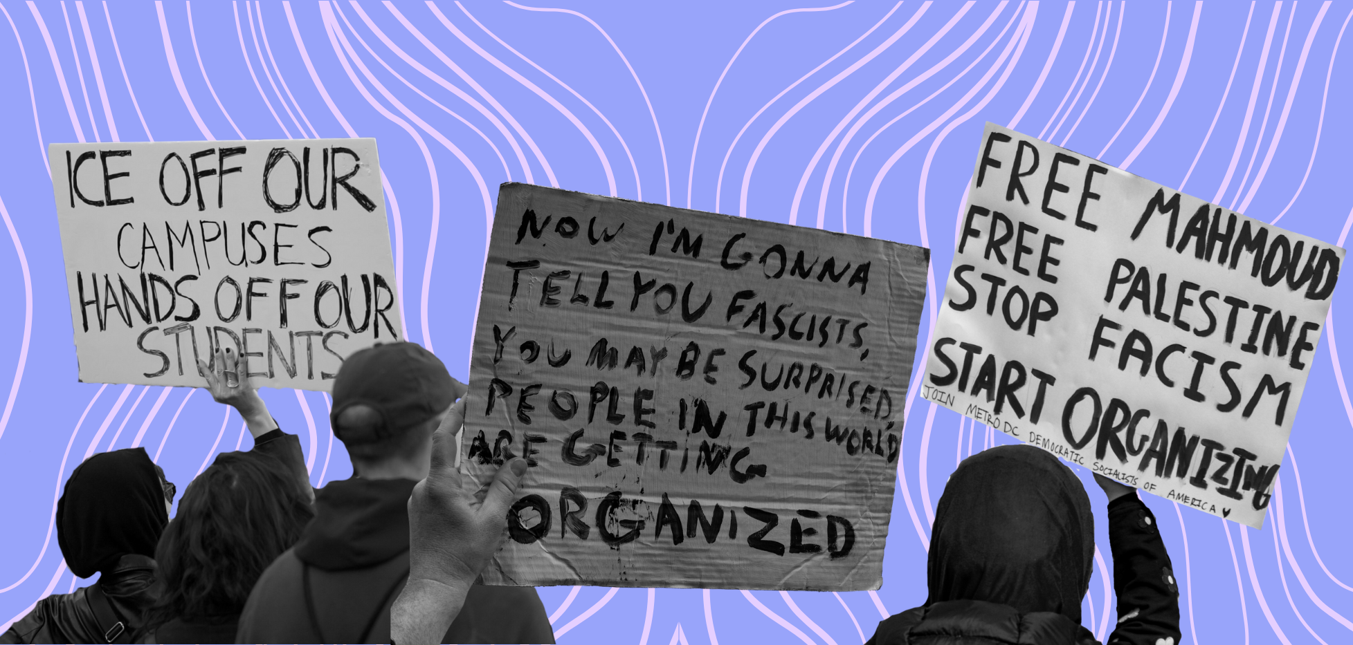 A collage of hand-drawn signs protesting ICE and fascism against a purple background