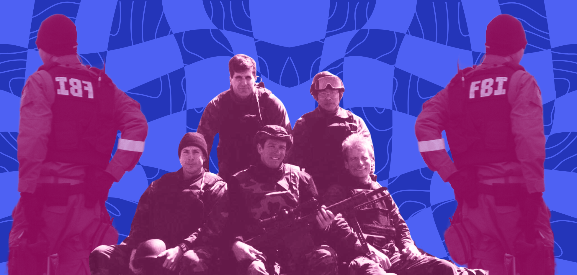 a blue and pink collage of FBI agents