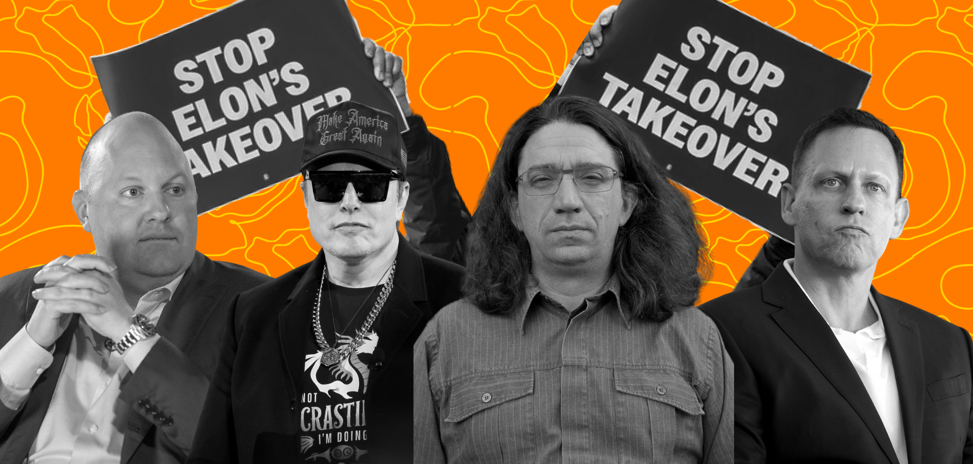 Orange and black and white collage of people in the neoreactionary movement
