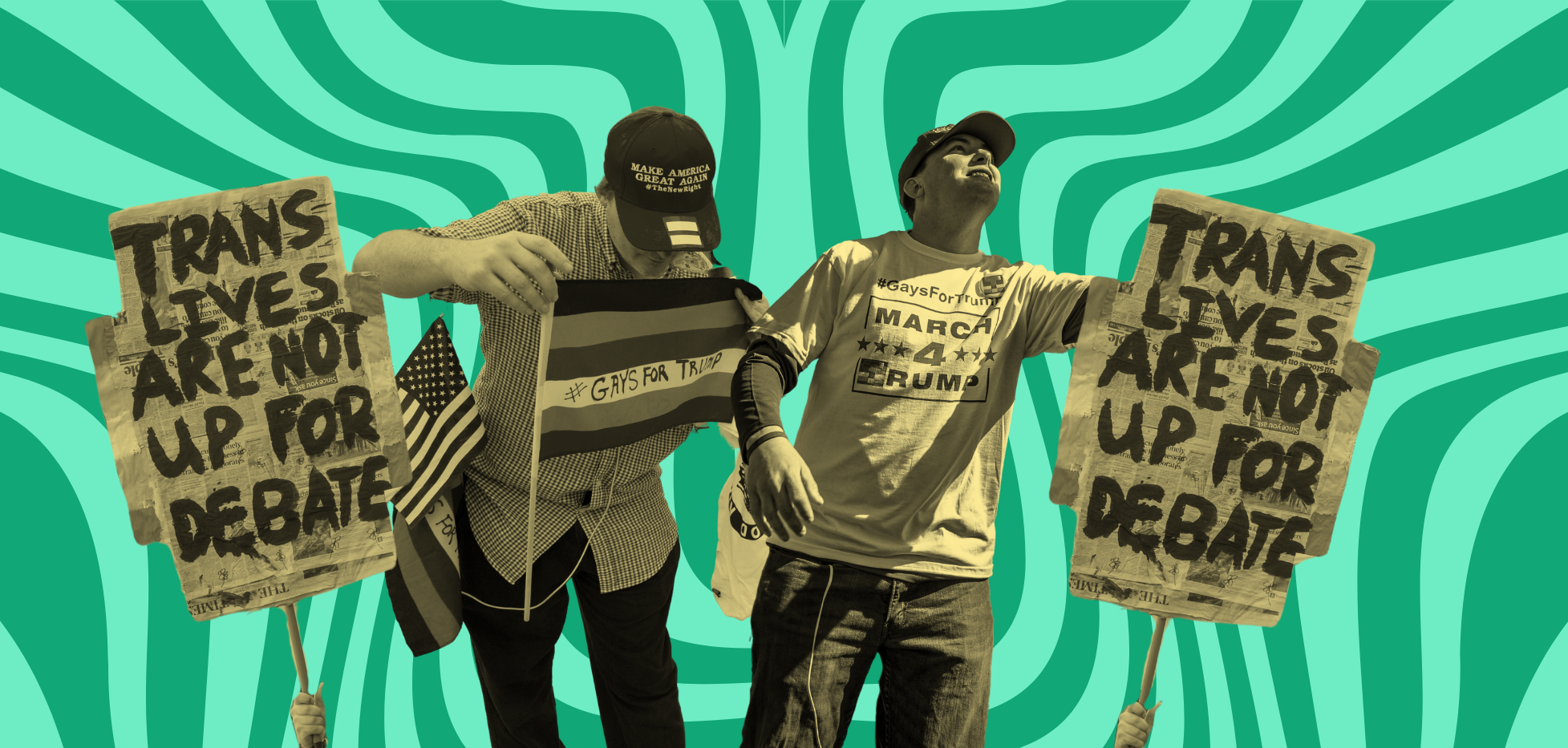 A green background with a yellow and black foreground of people and protest signs