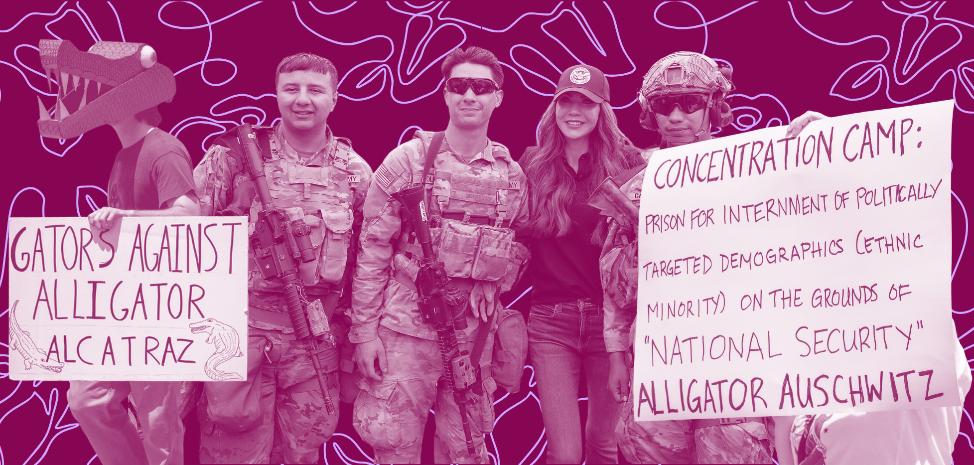 A collage of people in front of a red background; two protestors holding signs against ICE and soldiers in uniform with guns