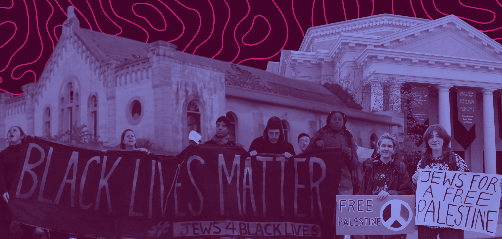 Background of the Maghen Abraham Synagogue in Lebanon and The Tree of Life Synagogue in the US, overlapping with protestors in support of Black Lives Matter, and Jews for a Free Palestine.
