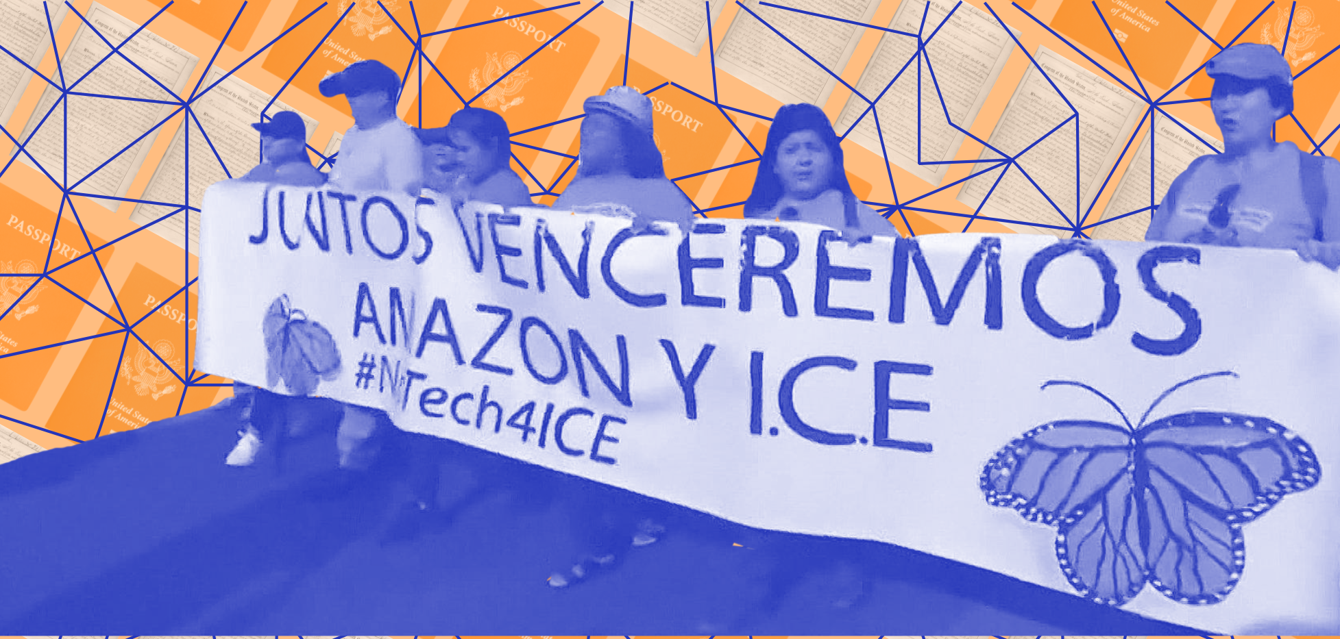 Protestors holding a banner that advocates against ICE and big tech