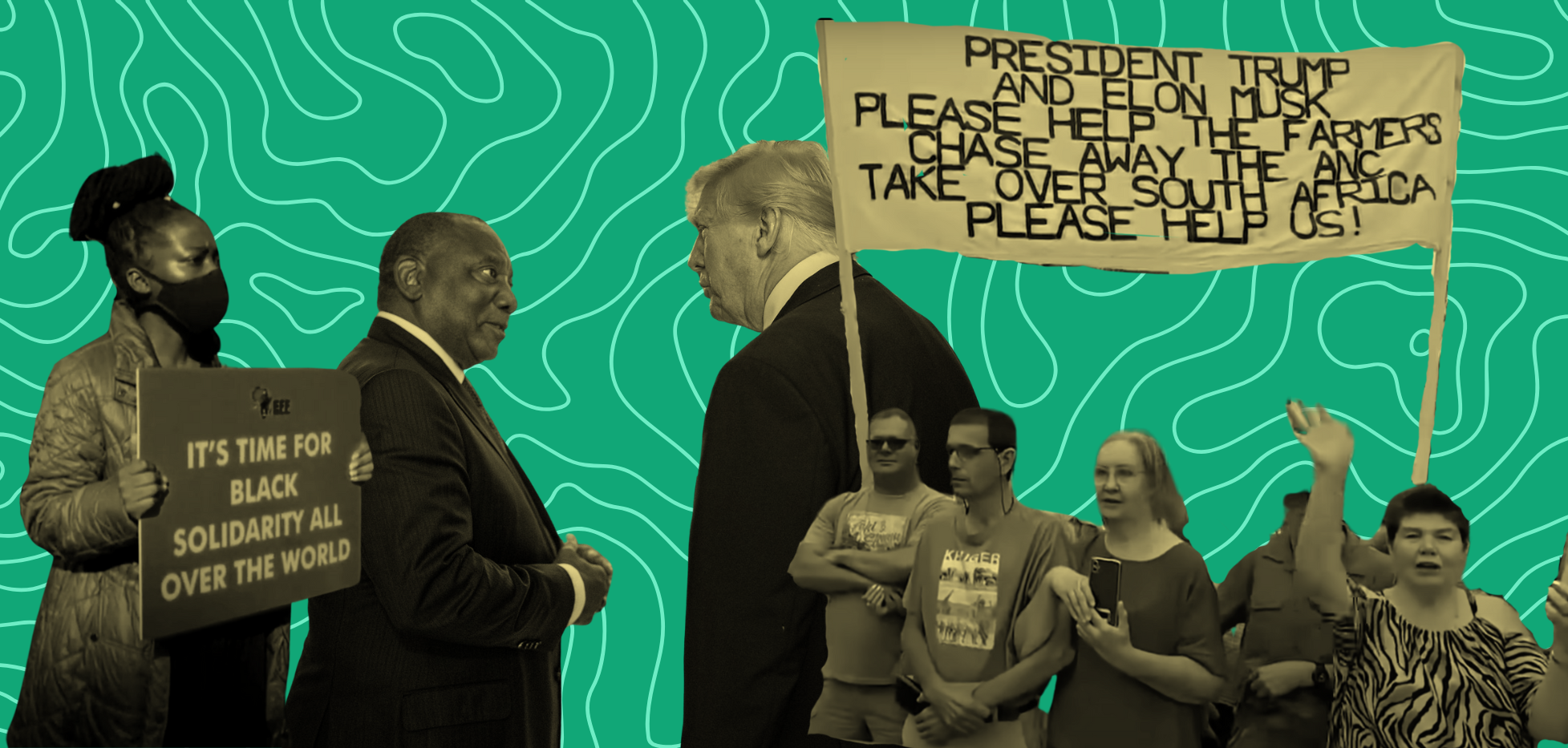 A collage of white protestors holding up a banner asking Trump and Elon Musk or help in South Africa, and Donald Trump speaking to a man in a suit and a woman holding a sign for Black Lives Matter.
