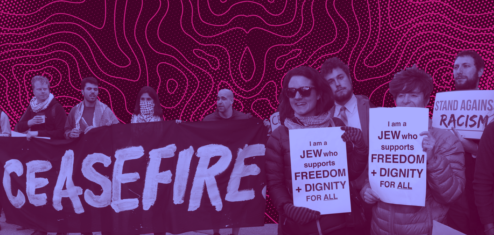 a collage of protesters against the occupation of Palestine, and protestors for racial justice.