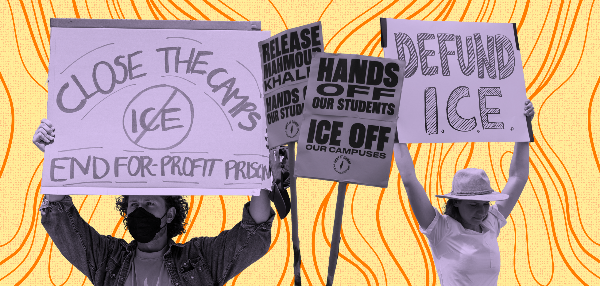 Collage of protestors holding signs protesting ICE in front of a yellow background