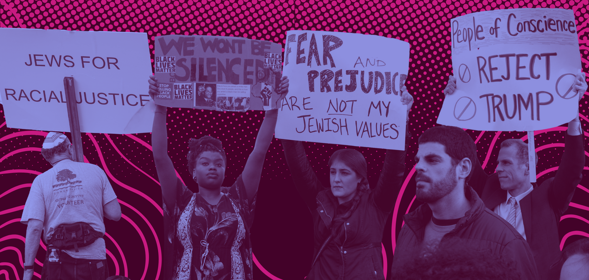 Collage of protestors at anti-racist protests and a JFREJ action. 