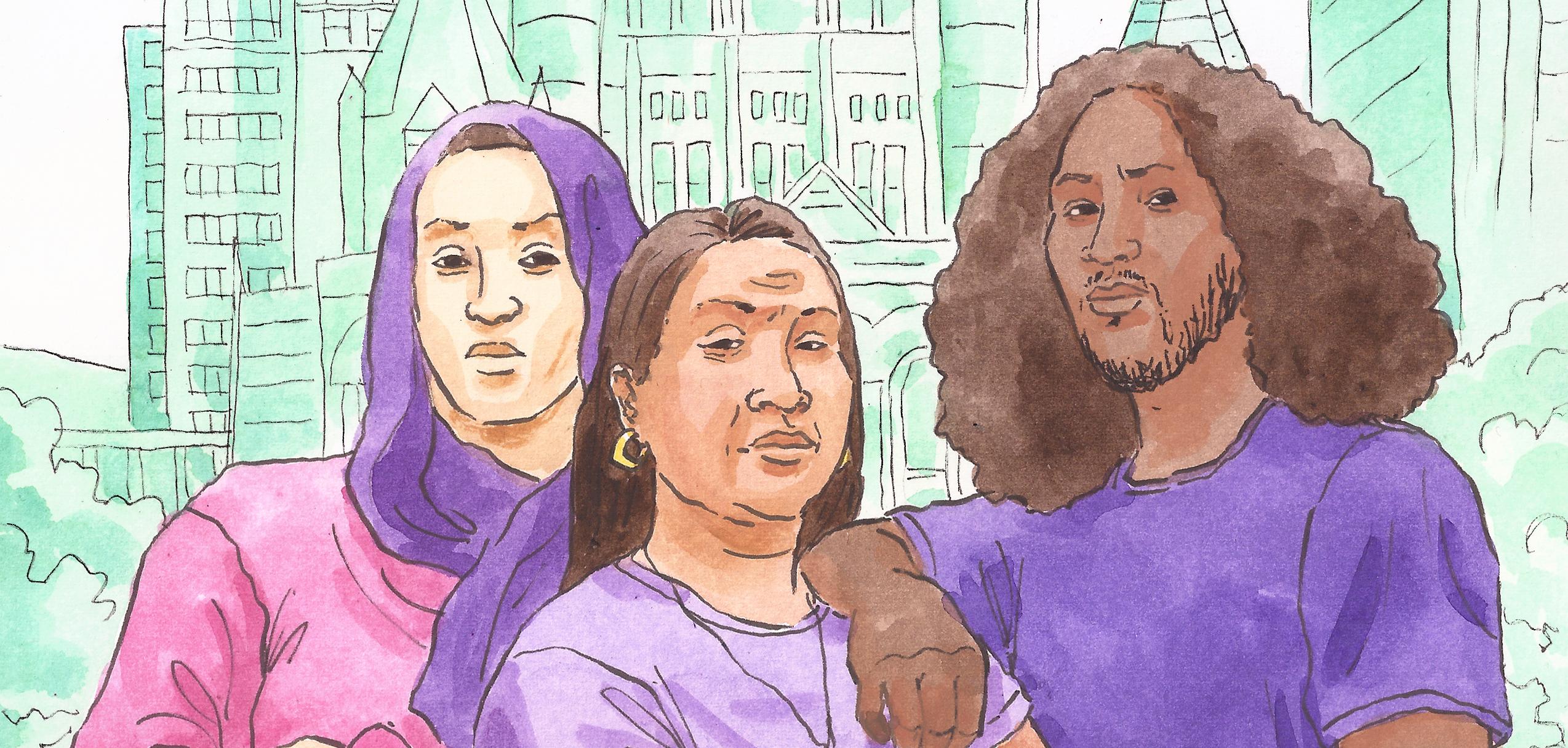a watercolor painting of three people standing in front of a church and high rise in boston