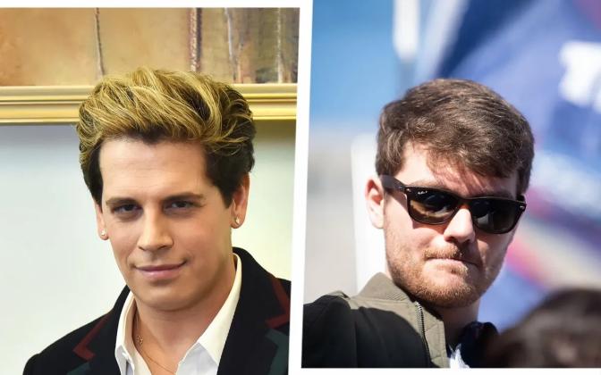 Photos of Milo Yiannopoulos and Nick Fuentes, two White man, one with bleached blond hair (left) and sunglasses (right)