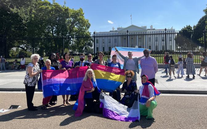 A group of people holding trans flags and bisexuality flags outside the White House.