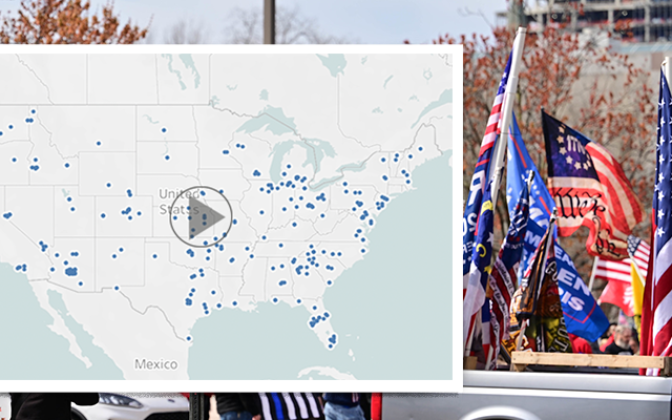 Photo of gray pickup truck with RW flags in bed with a mock up of a map of the US with blue data points layered on top on the left side of the image