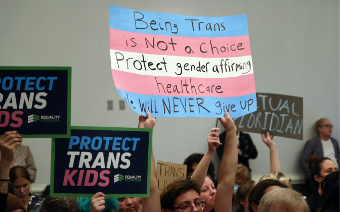 A trans flag protest sign that reads "being trans is not a choice. Protect gender affirming healtchcare. We will never give up."